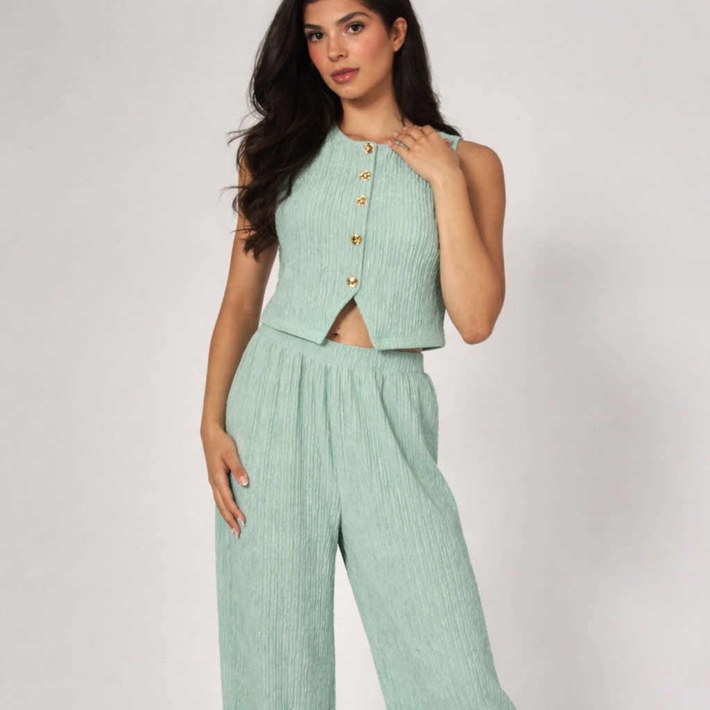 Nwt Women's Mint Green Sleeveless Button Sexy Top And Bottoms Set Crinkle M